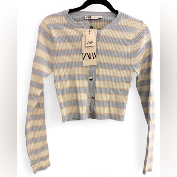 Zara Sweaters - ZARA NWT Striped Knit Blue and White Cardigan Jacket Gold Buttons Size Medium